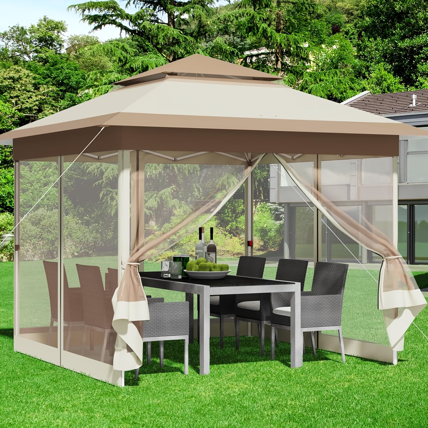 

3.3x3. Waterproof Pop-up Gazebo With Uv Protection +4 Mosquito Net Side Panels, Double Roof For Airflow, Includes & Wind Ropes - Ideal For Patio, Camping & Outdoor Events