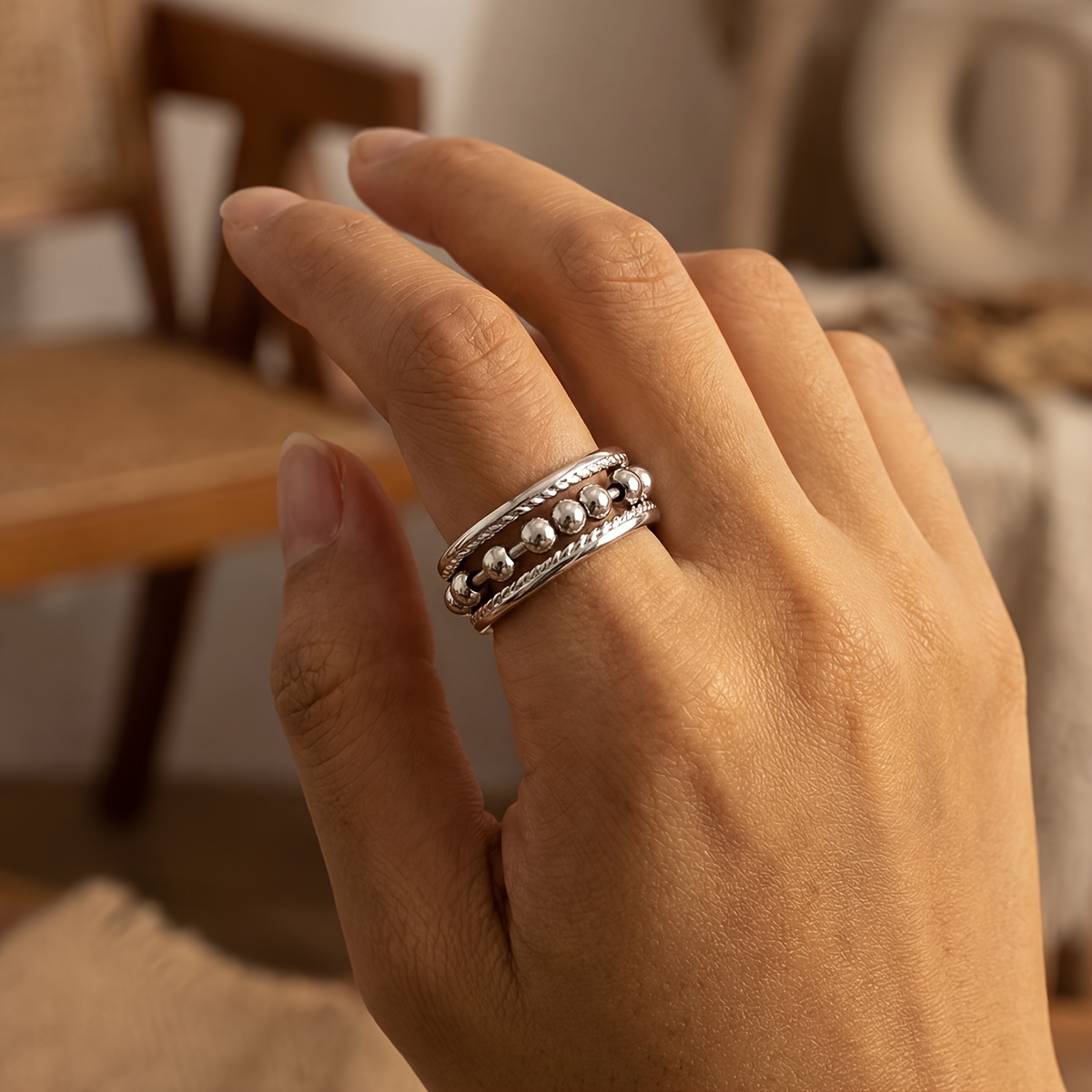 Women's Stylish Adjustable Bead Ring, Exquisite Design