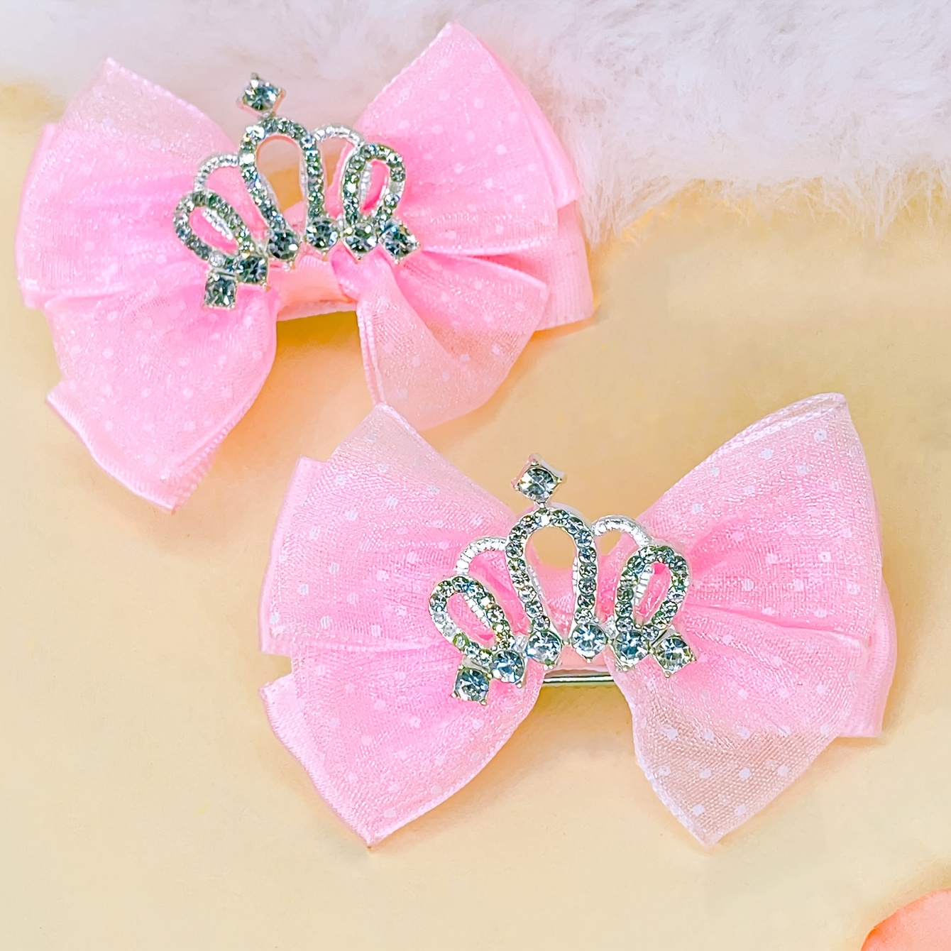 Image of 2pcs Cute Crown Bow Pink Hair Clip, Perfect For Princess Birthday Party Hair Additions