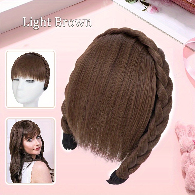 Image of Elegant Braided Headband Hairpiece For Women - 5" Synthetic Straight Bangs Clip-in Extension, Versatile & Stylish Accessory