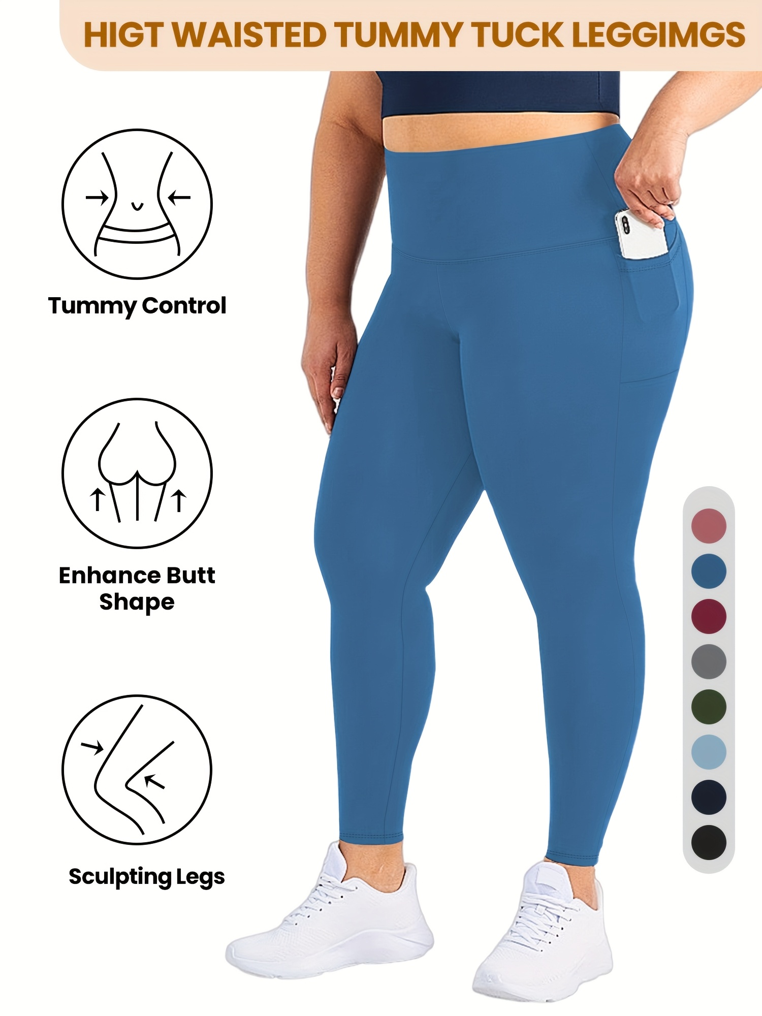 Plus Size High Waist Yoga Pants with Side Pockets - 88% Polyester 12% Elastane Stretchy Tummy Control Leggings, Sculpting Workout Gym Activewear for Women, All-Season Comfort (Machine Washable)