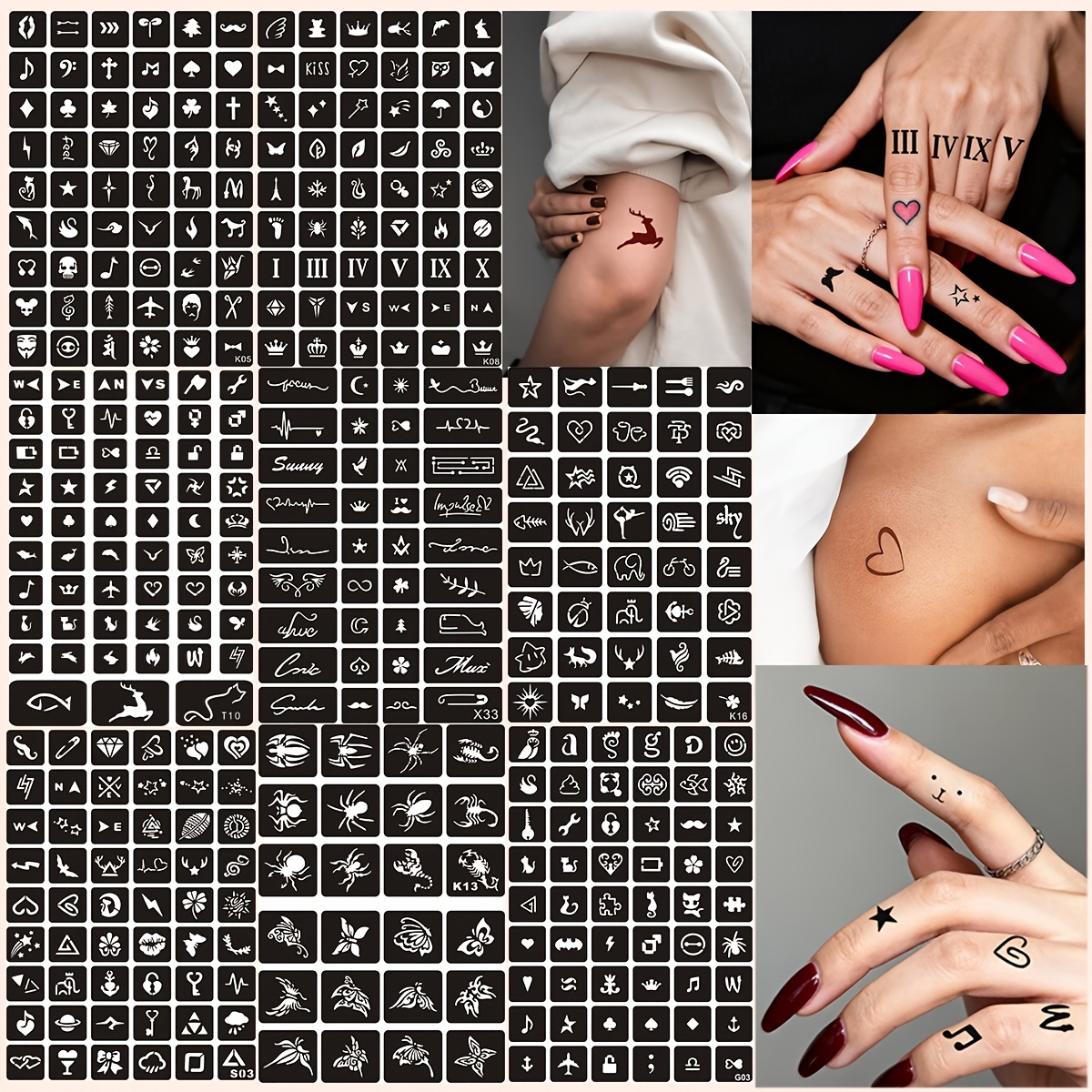 Image of 394 Designs On 8 Sheets - Reusable Temporary Tattoo Stencils, Shimmer & Semi-permanent Options. Perfect For Adults, Music Festivals & Face Paint Body Art.