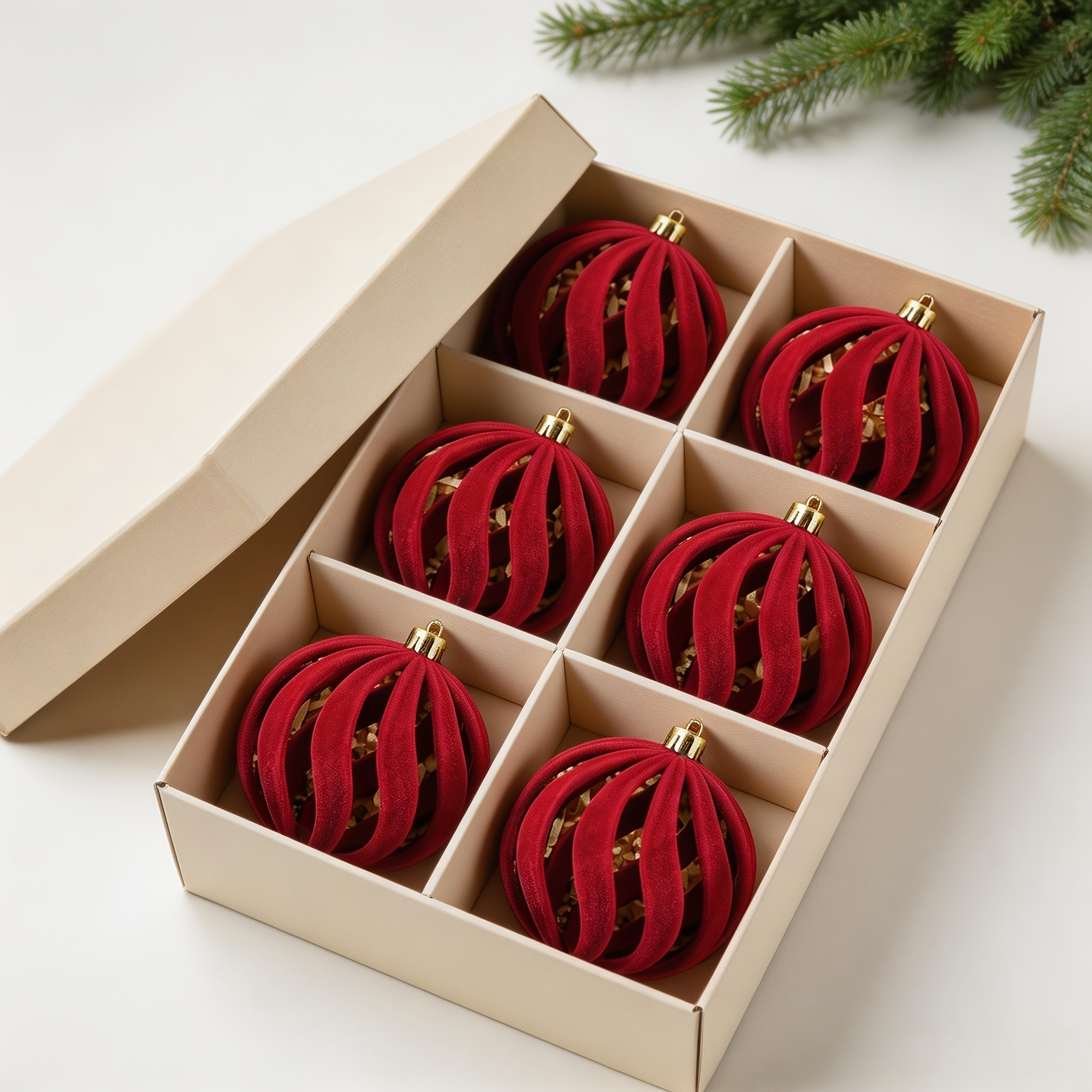 TEMU 6pcs Luxurious Spiral Hollow-out Flocked Christmas Balls - Retro Hanging Ornaments With Plastic/velvet Suitable For Xmas Tree, Valentine' Party