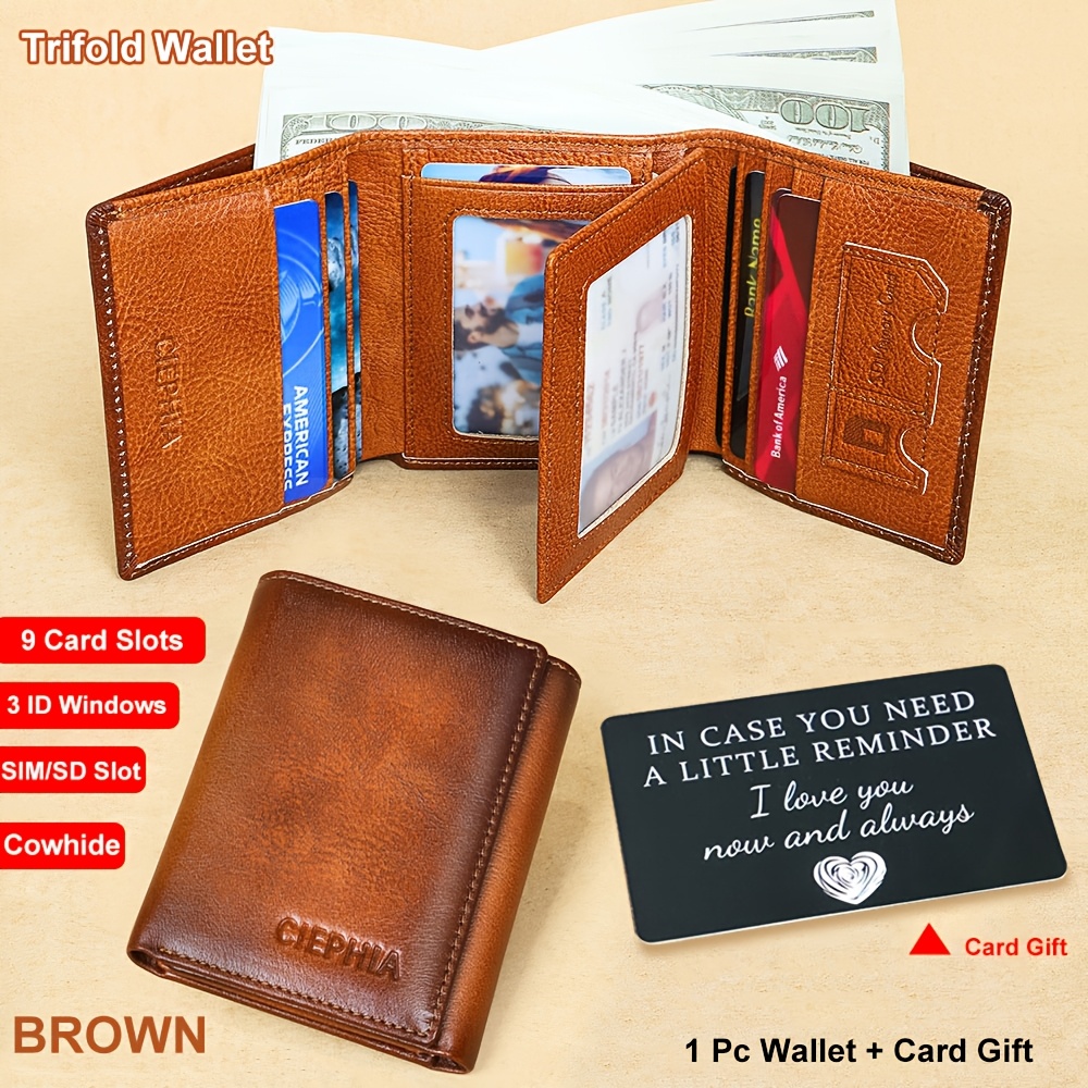 TEMU Men's Genuine Leather Bifold/trifold Wallet, Cowhide Rfid Blocking Vintage Wallet, Multi Function Credit Card Holder, Money Clips Gifts For Him