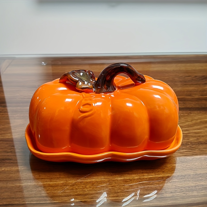 Image of Green Dish Orange Pumpkin Shaped With Lids 7in Ceramic Butter Keeper For Kitchen, Container For Butter, Dishes