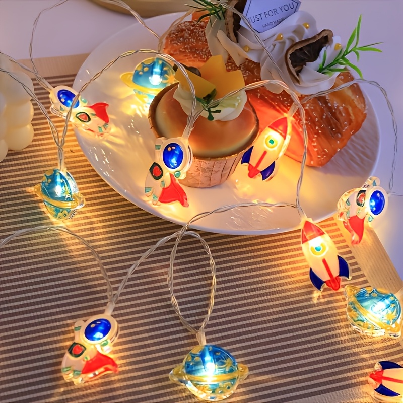TEMU A -themed String Light Featuring , Spaceships, And - Made Of Colorful Plastic, Battery-operated (batteries Not Included), Suitable For Indoor