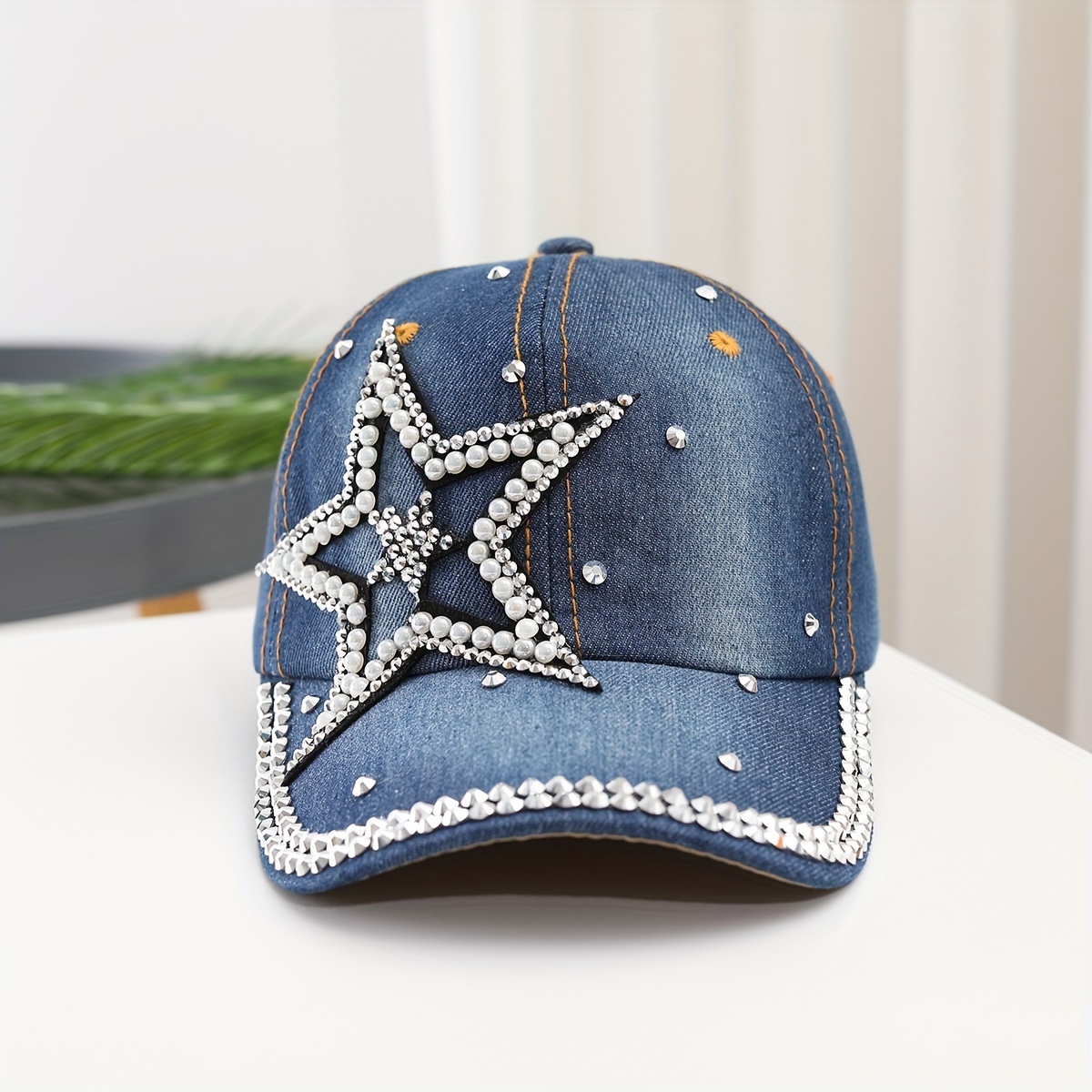 

Women's Rhinestone Studded Star Denim Baseball Cap, Adjustable Casual Outdoor Sun Protection Peaked Hat Gifts For Eid
