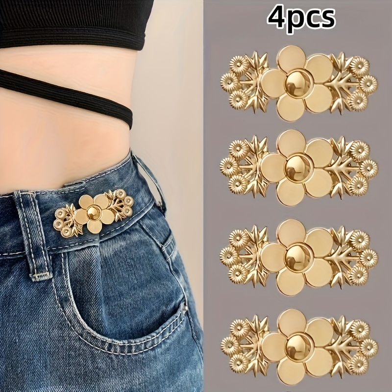 4pcs Floral Jeans Waist Tightener, Instant Snap, Metal Pants Adjuster, Detachable Seamless Denim Pin, Adjustable Belt Floral