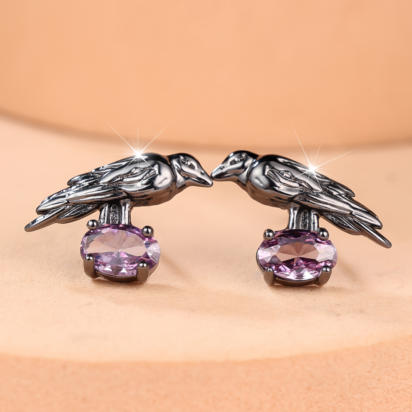 Women's Gothic Pave Amethyst Cubic Zirconia Crow Earrings, Statement Jewelry