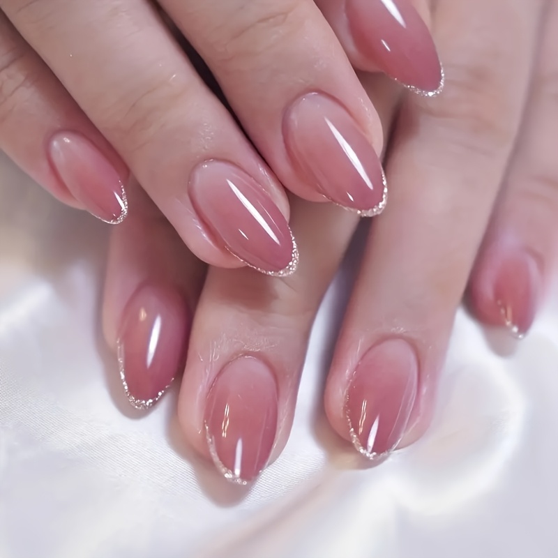 24pcs Medium Almond-shaped Fake Nails, Nude Pink Ombre With Glitter Tips, Minimalist Style False Nails For Women And Daily And Party Wear