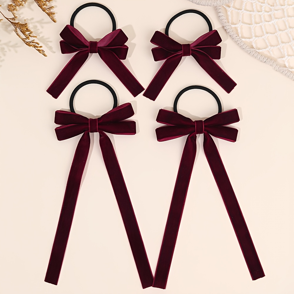 TEMU 4pcs Burgundy Velvet Bow Hair Ties Elastic Fabric Ponytail Holders For Bridal Wedding Hairstyling Lunar New Year Outfit Romantic Date Winter