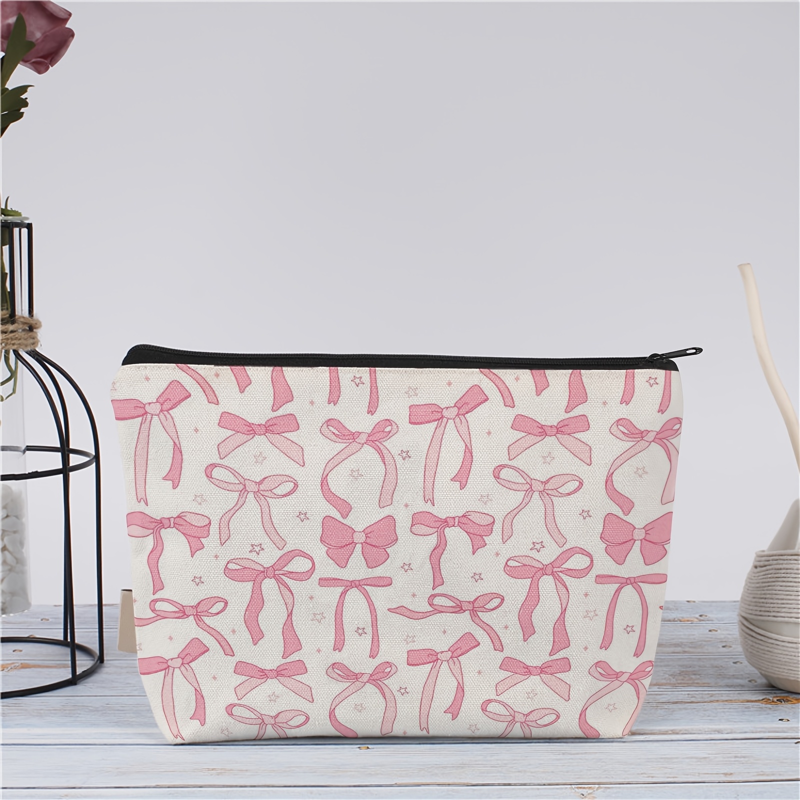 TEMU "hand-drawn Bow Pattern Velvet Zip Bag-lightweight And Versatile. Perfect For Cosmetics, Toiletries, And . A Great Gift For , Sisters, Or Parents!"