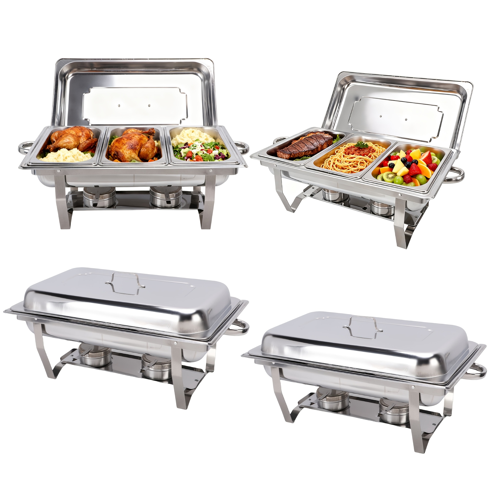 Image of Set Of 4, 9.5 Qt Buffet Chafing Dishes In Silvery, Rectangular Full-size Stainless Steel Catering Warmers For Banquet Parties, Suitable Cooking