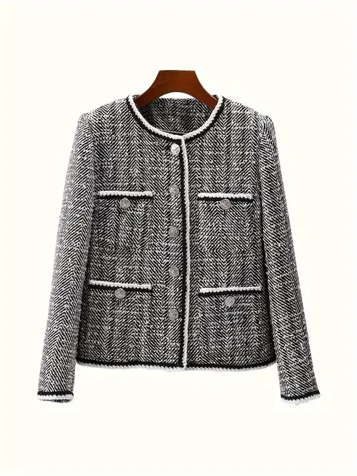 여성용 우아한 하운드투스 화이트 거위털 재킷 - 버튼 프론트, 긴 소매, 스타일리시한 칼라 디테일이 있는 따뜻한 가을/겨울 코트, 가을 재킷 | 하운드투스 패턴 | 직조 원단 코트