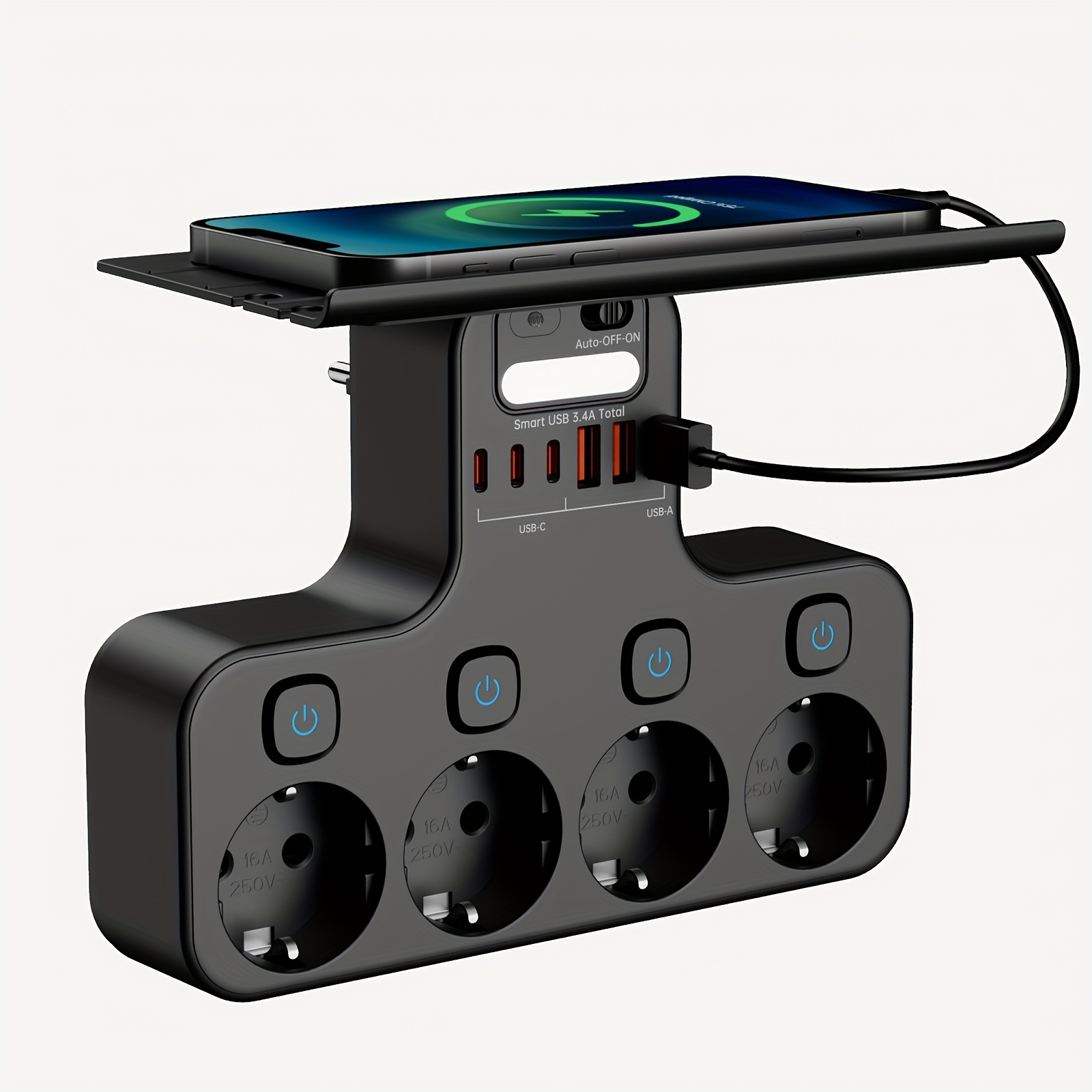 heavy-duty eu power strip with phone charging station - 4 ac outlets + 6 usb ports (3 fast-charging type-c), eu socket, compact space-saving design,   & short circuit protection - for home office, living room, bedroom - ideal gift for tech  ,   organization, stylish organizer,   build,  , gadget lovers 0