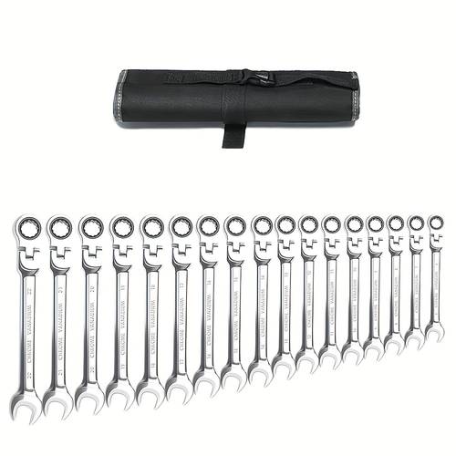 16pcs ratcheting wrench set open end wrench tools set 72 teeth 6 22mm polished chrome plated with roll up pouch for workshop