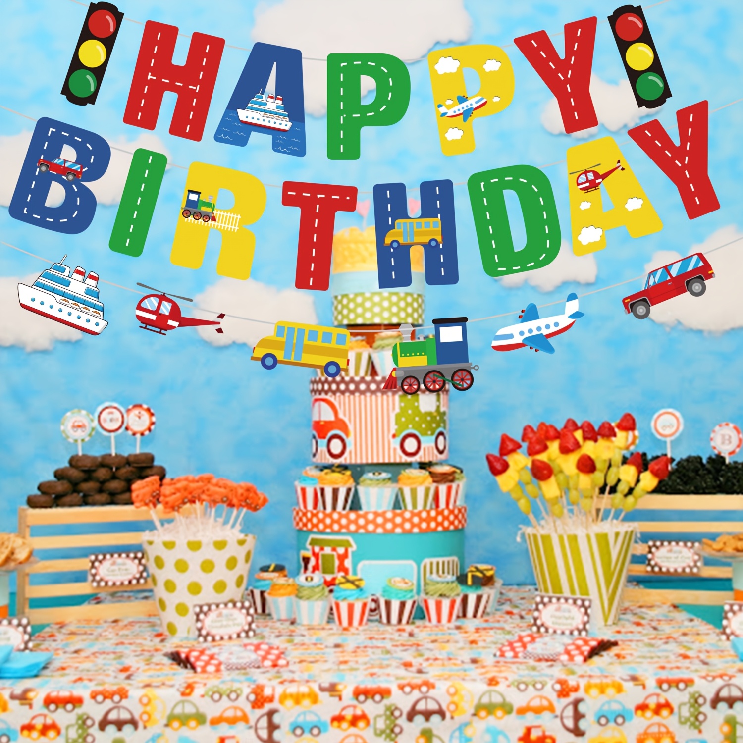 Décoration D'anniversaire De Transport Pour Garçon Et Fille, Voitures, Bus, Train, Taxi, Moto, Avion, Banderole « Happy Birthday », Ballons Et Véhicules, Décoration De Gâteau Pour Enfants Sur Le Thème