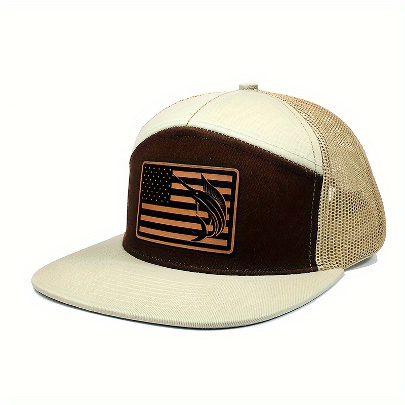 1pc Outdoor Fishing 7 Panel Trucker Hat with USA Flag Leather Patch, 7-Panel Flat Brim Snap Back Hat, Breathable Mesh Snapback Baseball Baseball