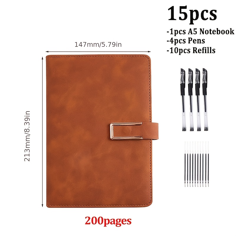 TEMU 15pcs Set: Includes A5 Notebook + 4 Pens + 10 Refills. -page, Extra-thick A5 Vintage- & Meeting Journal, Featuring A Magnetic Clasp And