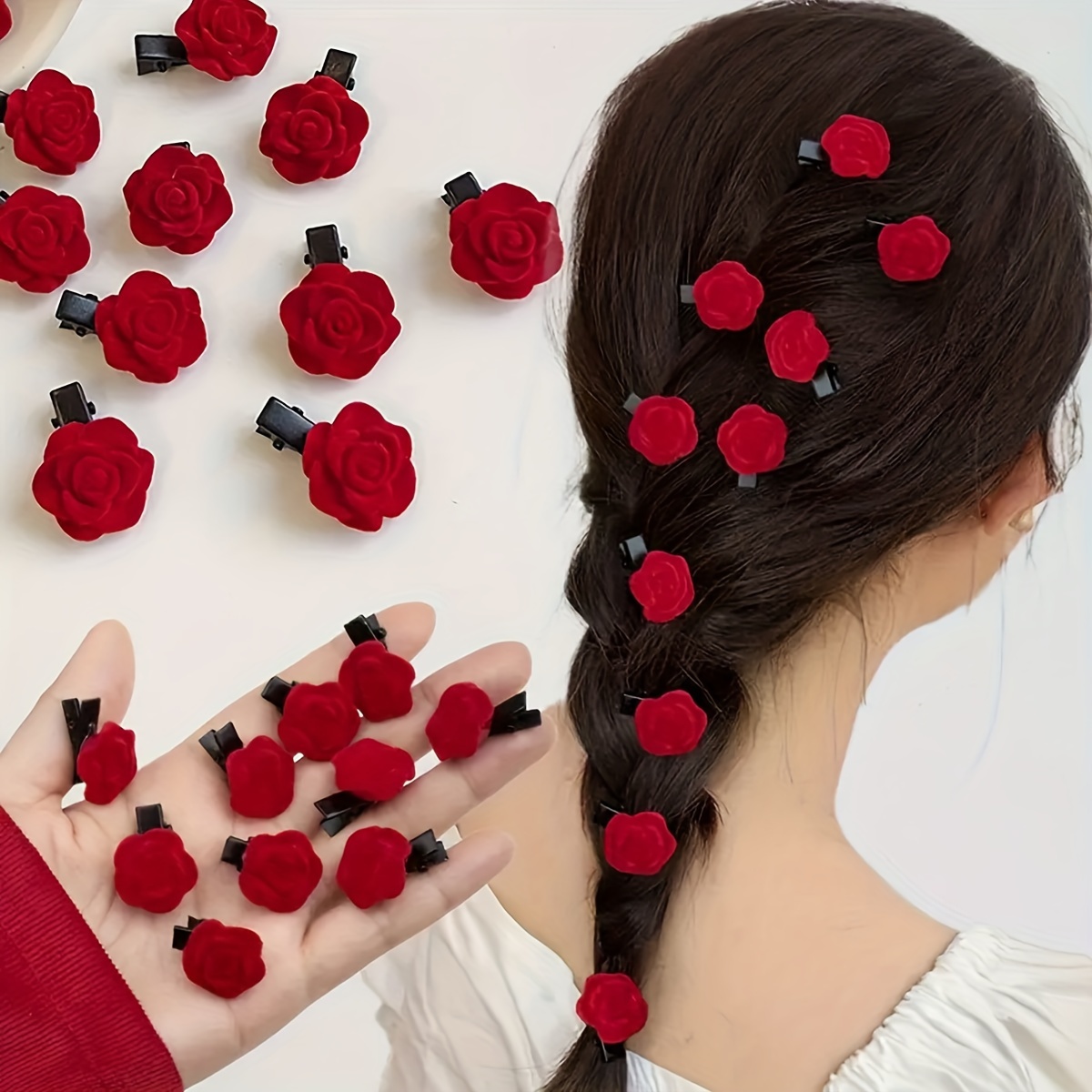 

10pcs Velour Rose Hair Clips Set - Cute Minimalist Red Flower Hairpins For Women And Girls, Solid Color Suitable For Christmas, New Year, Weddings - Ages 14+