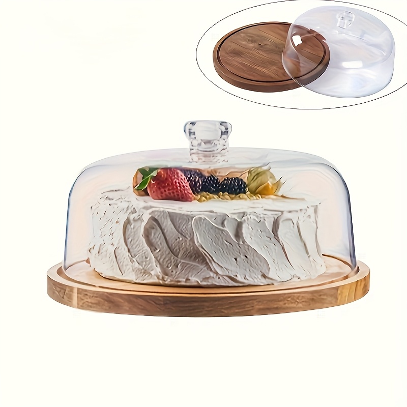 TEMU 1 Set Dual-use Acacia Wood Cutting Board Cake Stand With Clear Lid - Round Dessert Display Tray And Charcuterie Board, Perfect For Cheese, And