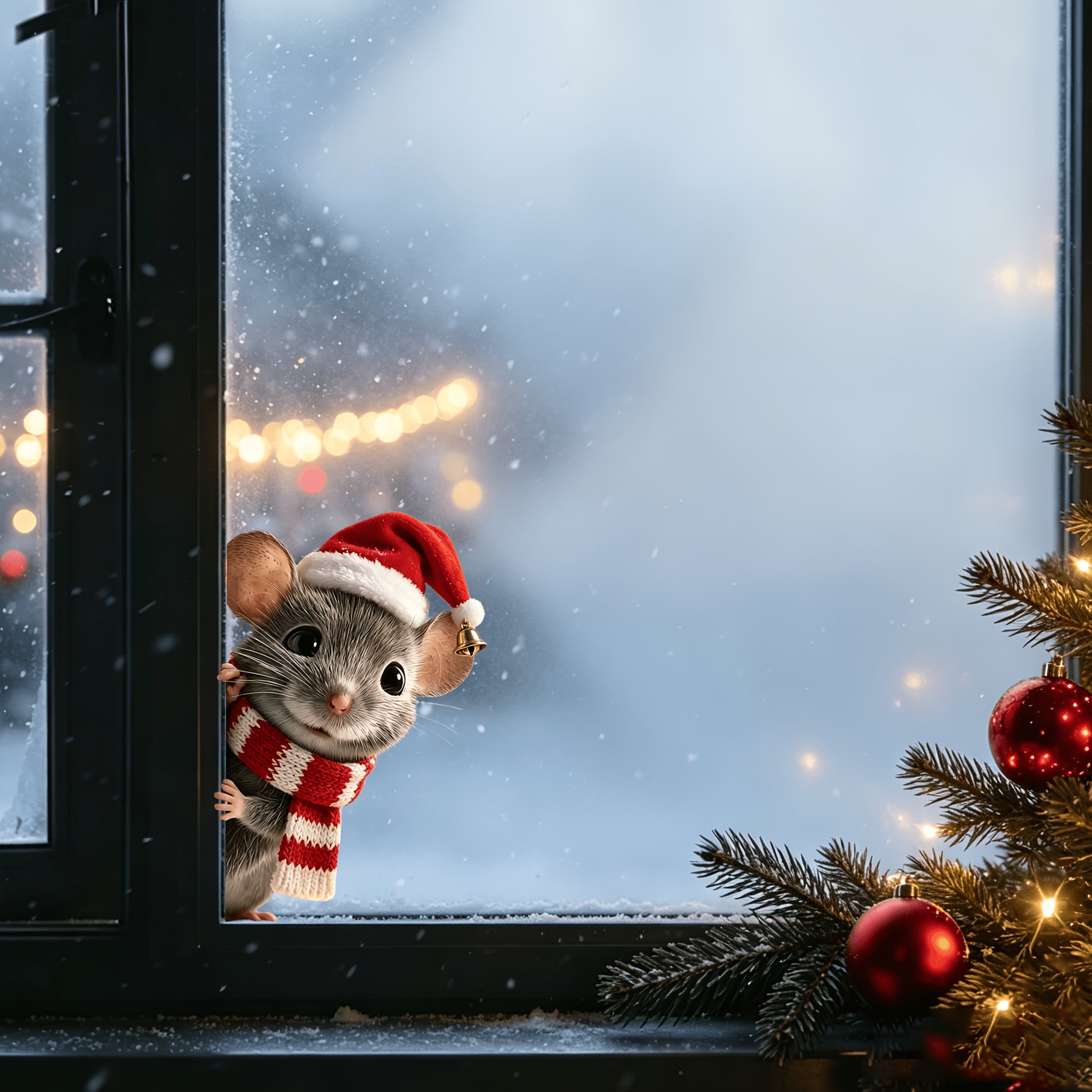 Image of Peeking Christmas Mouse Window & Wall Stickers, With Santa Hat Striped Scarf Xmas Decor Decals, High Quality 3-layer Printed Self-adhesive Removable Film For Doors, Glass, Fridge, Laptop Decor