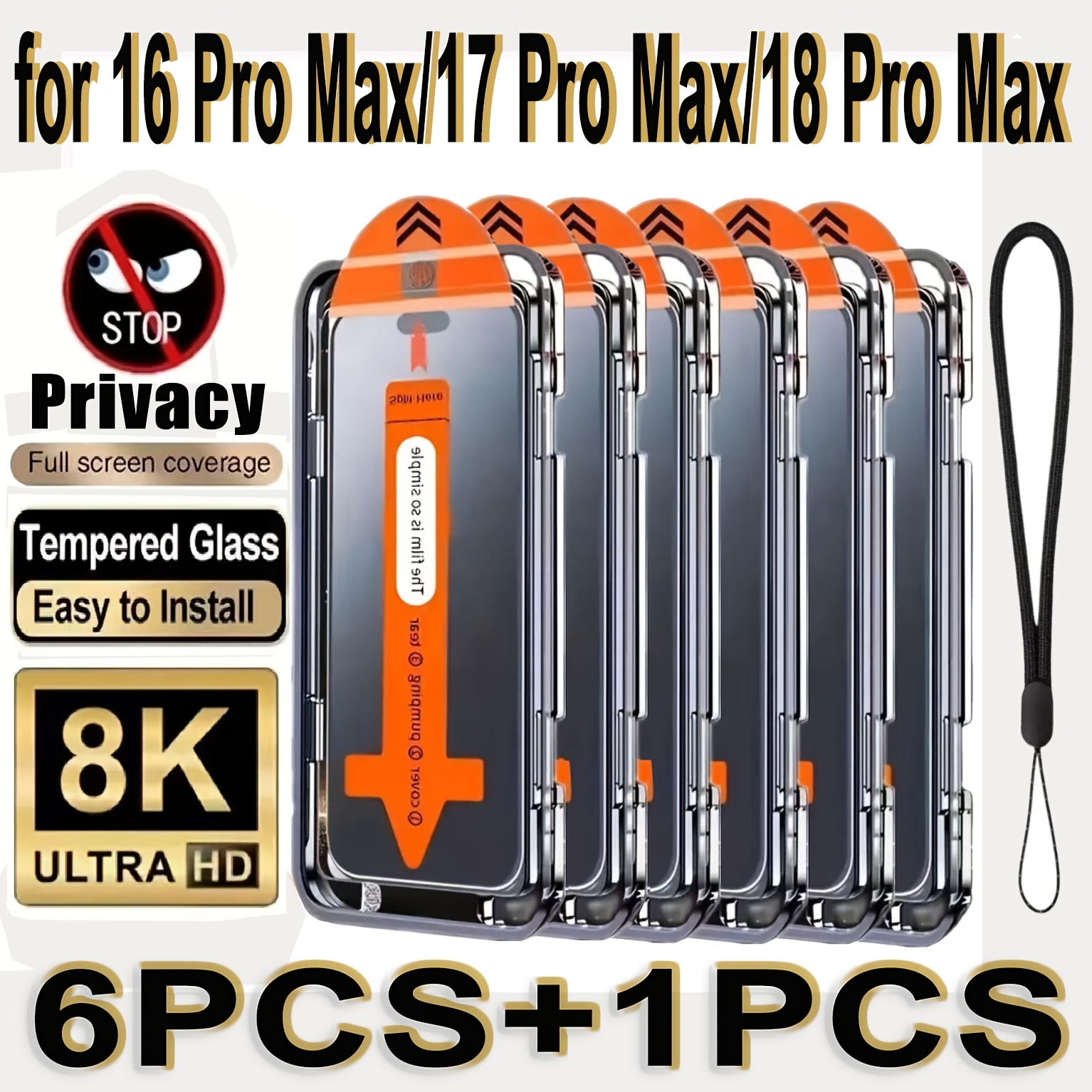 TEMU 6+1 Set, Suitable For Iphone 18 Pro Max/18 Pro/17 Pro Max/17 Pro/17/16 Pro Max. Includes 6 Dust-free Anti-spy Tempered Glass Screen Protectors