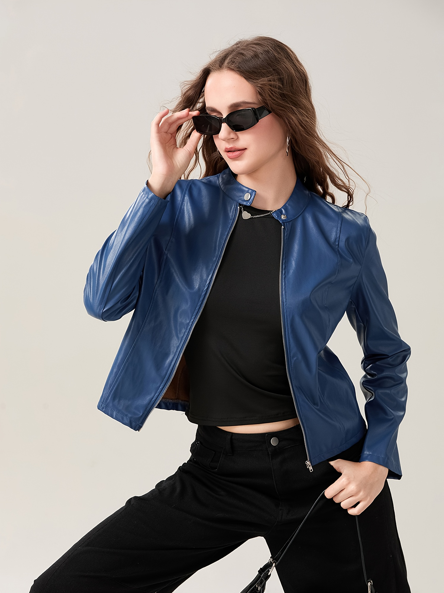 womens y2k synthetic leather biker jacket fit long - Temu