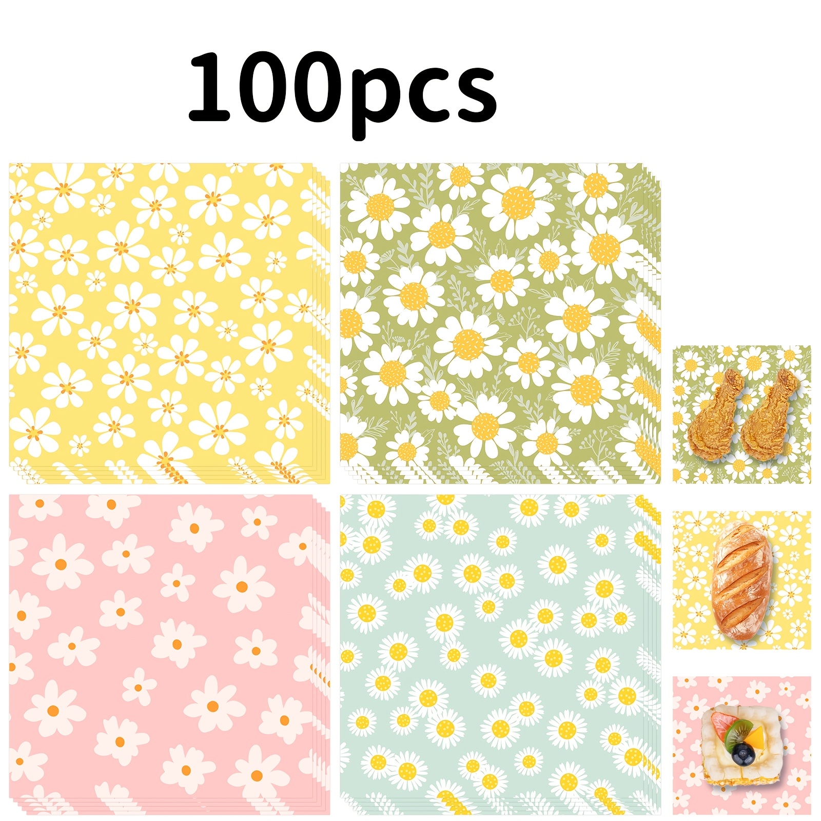 TEMU 100/200pcs Papier -graisse pour Pain, 18*18cm, Motif Floral Printanier avec Pâquerettes et Autres Fleurs, Convient pour la , le Nouvel An, la