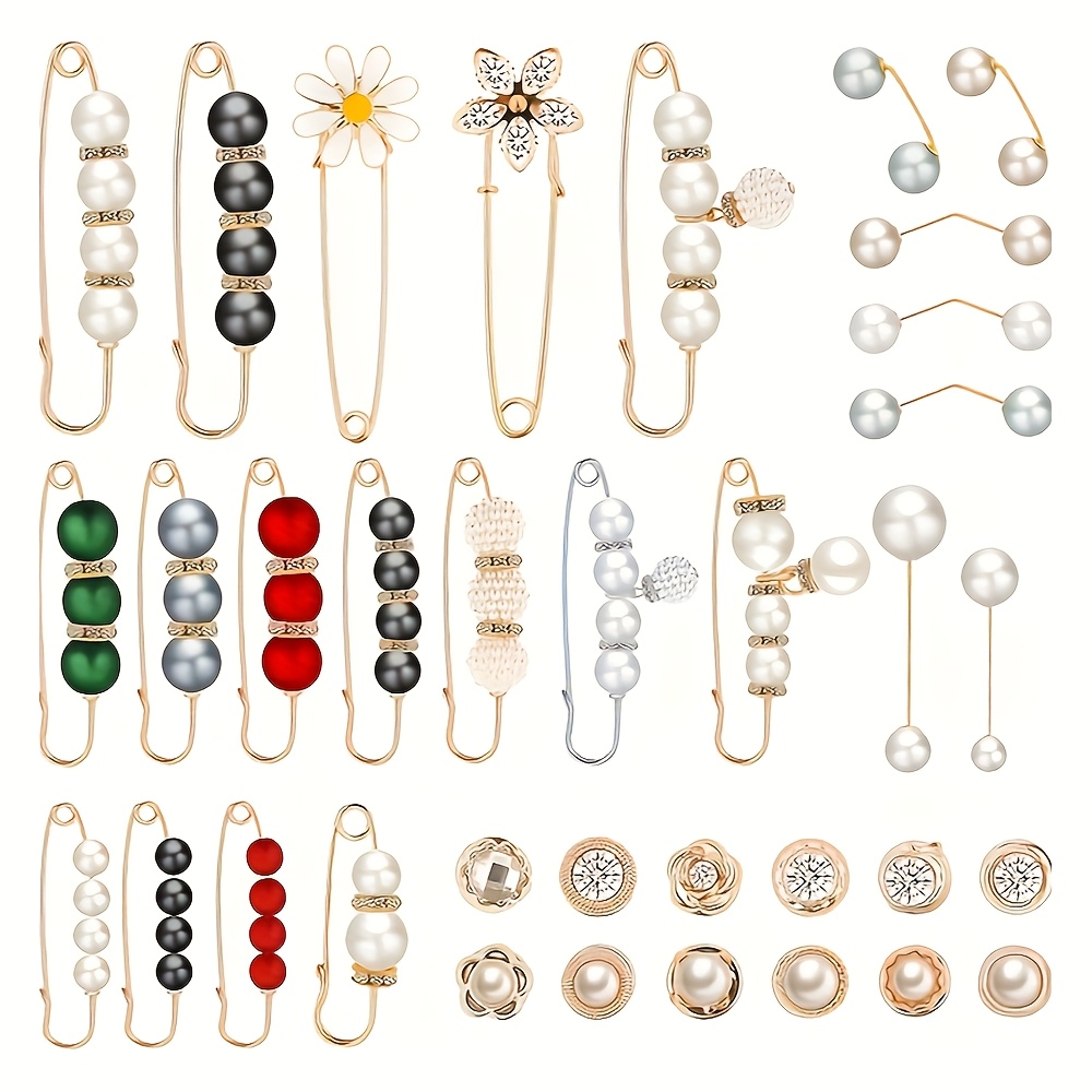 

35pcs Pearl Brooch Sweater Shawl Hat Clip Collar Pin Artificial Pearl Brooch Women's Girl Cover Button Clothing Dress Decoration Accessories Pants Waist Tightener Safety Pin