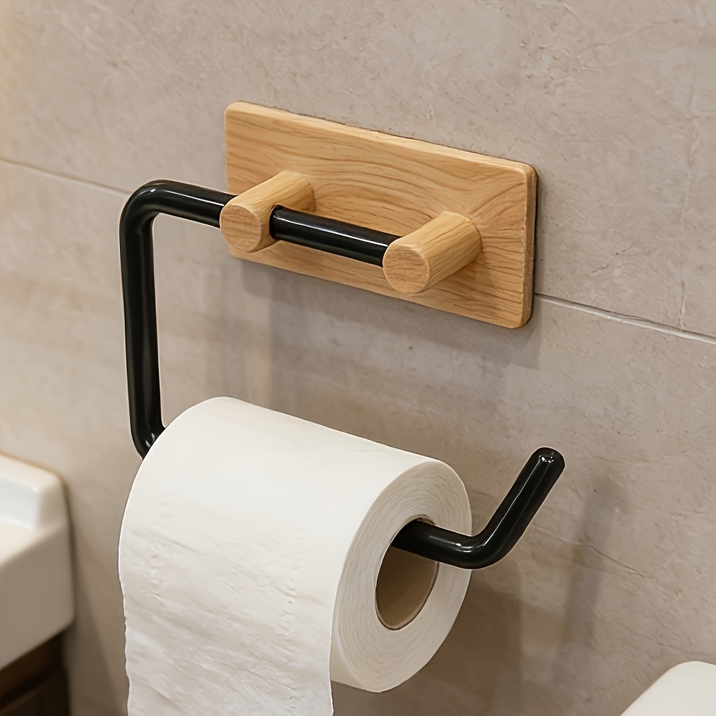 TEMU No-drill Self-adhesive Wall-mounted Toilet Paper Holder & Tissue Roll Organizer - Modern Wood Grain Plastic Suitable For Bathroom/kitchen,