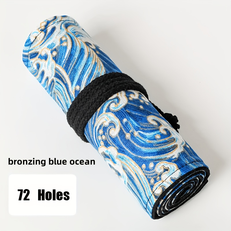 1pc Creative Portable Japanese-style Blue Ocean Print Pen Roll, Large Capacity Pencil Case For Colored Pencils And Sketching Stationery