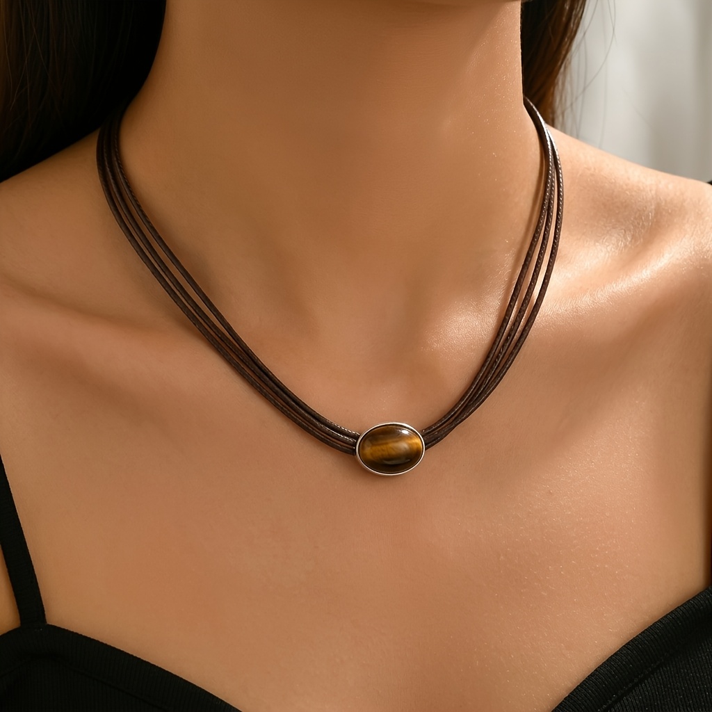 TEMU 1 Collar de cera marrón multicapa para mujer, tres grupos de cordones de cera que se unen en con colgante de piedra de con , para usar en
