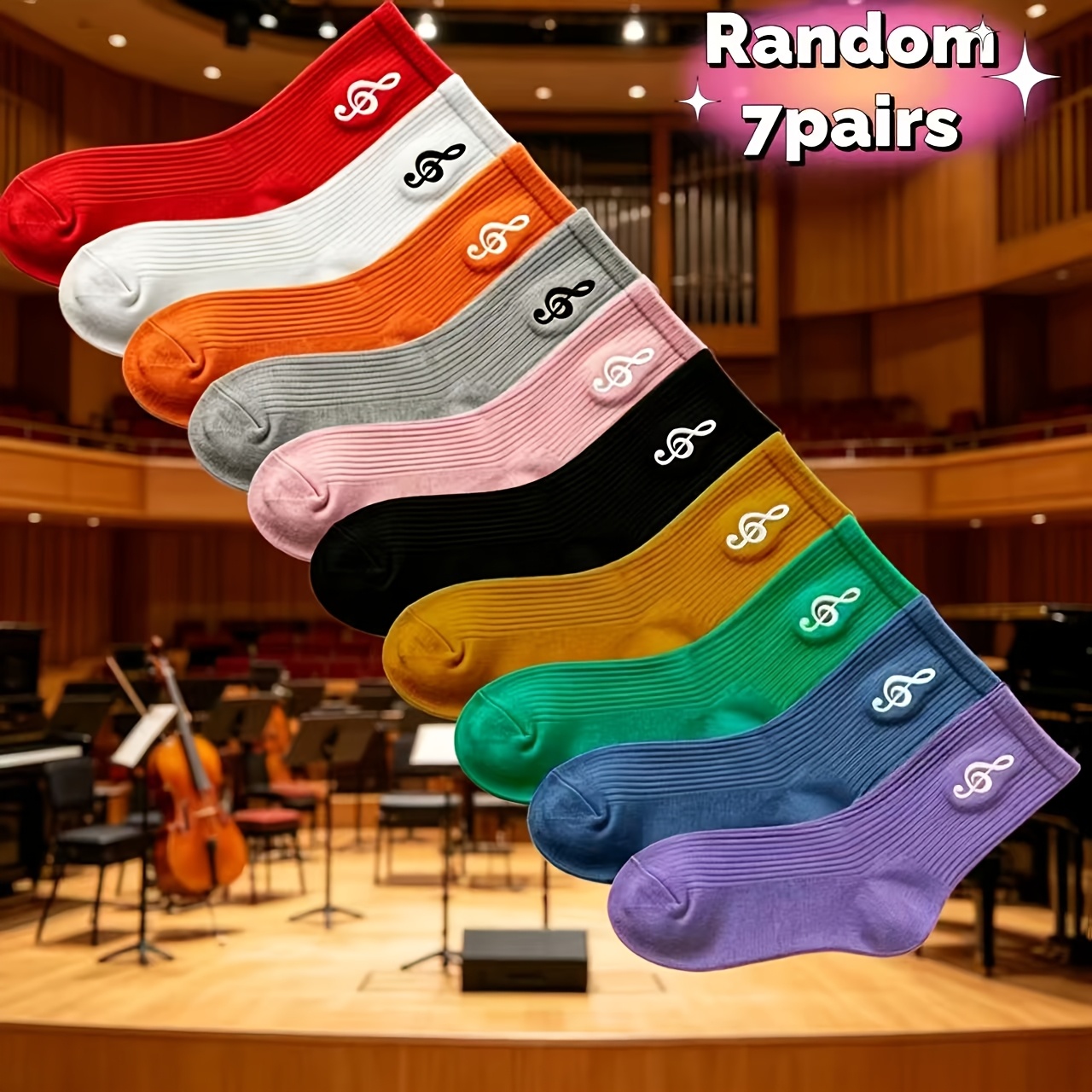 TEMU Random 7-pair Musical Note Mid-calf Socks, Colorful Casual Socks, Unisex Breathable Socks, Suitable For Daily Wear & Music Lovers