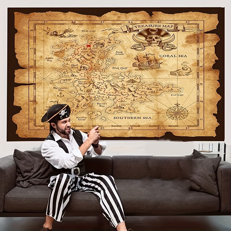 

Pirate Treasure Map Tapestry, Nautical Island Map Wall Hanging, Lightweight Polyester Knit Fabric, Decorative Indoor Tapestry For Bedroom, Living Room, Office - Includes Installation Kit, 85gsm
