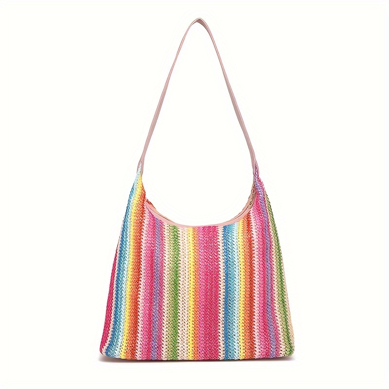 

Women's Fashion Large Capacity Woven Tote Bag, Colorful Stripe Shoulder Handbag, Simple Shopping Bag