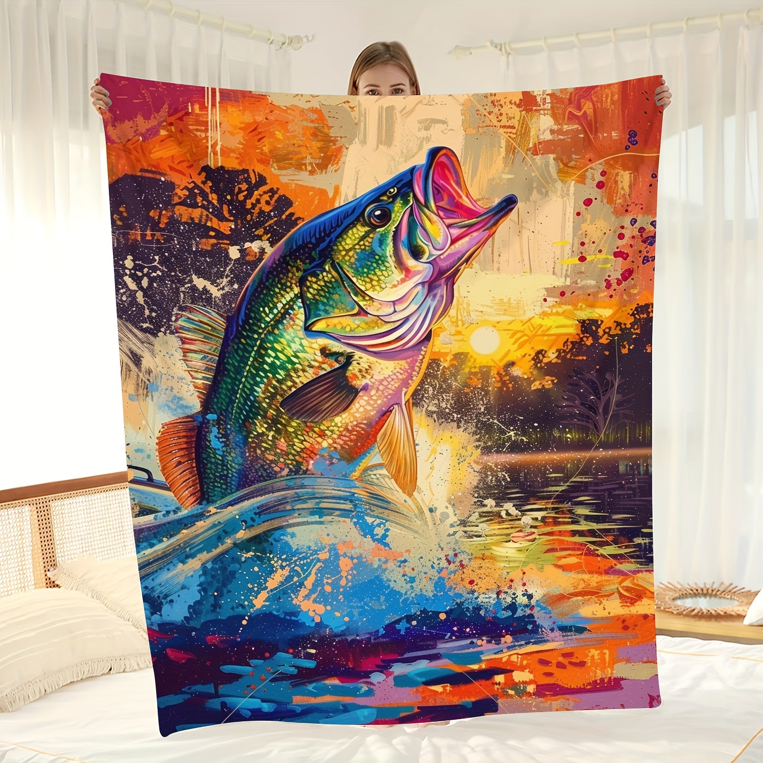 

Style Fish Blanket - Vibrant Bass Design Soft Fleece Throw - Animal-themed All-season Knitted Polyester Throw For Fishing Enthusiasts