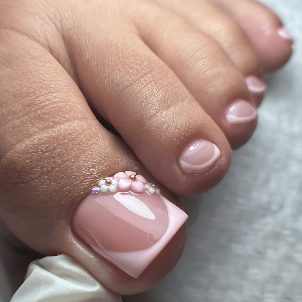 TEMU 24 piezas de dijes suaves para uñas de los pies en color rosa nude, uñas postizas 3D con flores rosas, puntas de uñas postizas desmontables, de