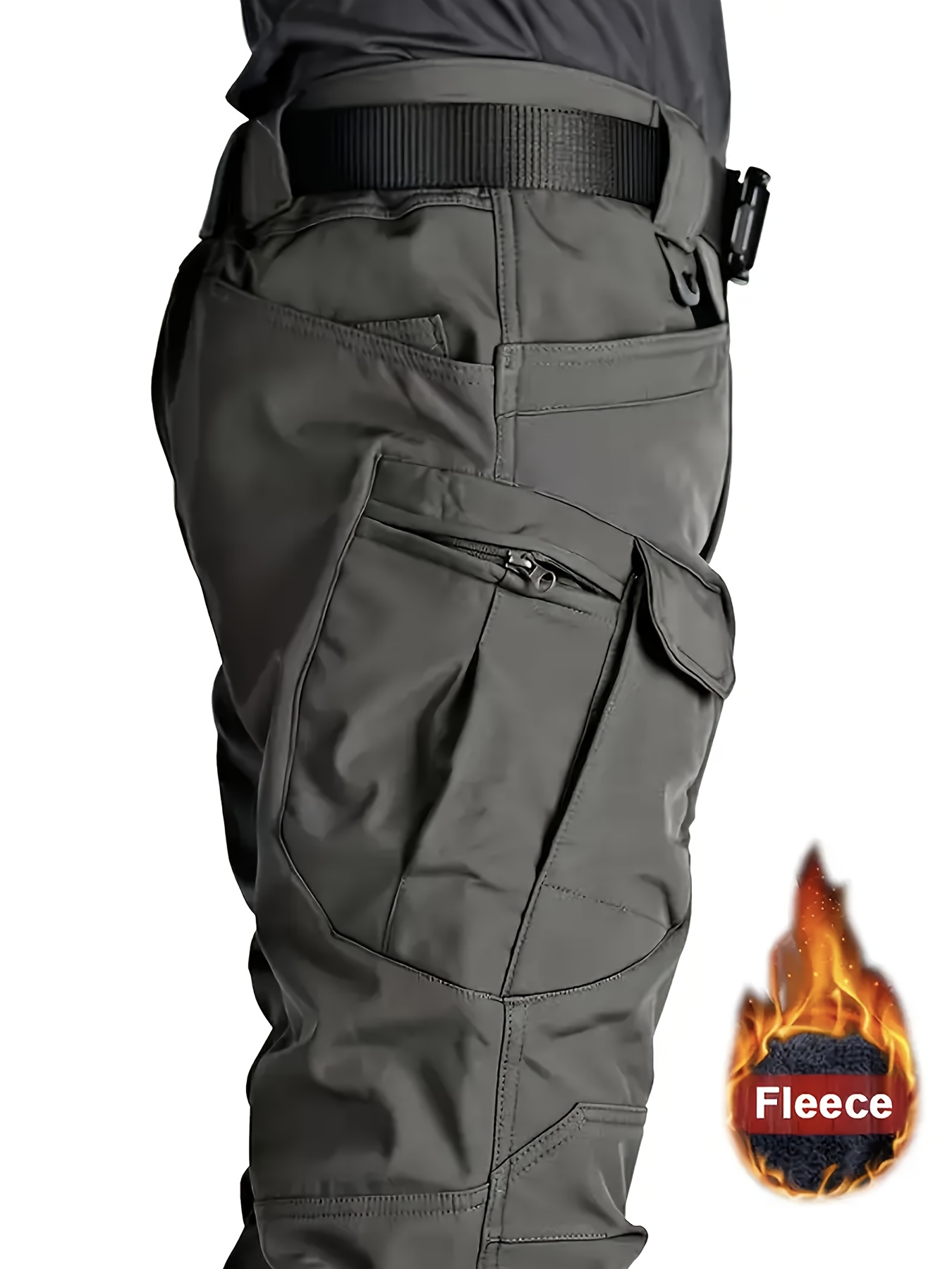 mens olive green windproof soft shell pants with fleece lining multi pocket polyester spandex blend for hiking cycling weatherresistant pants regular fit pants softshell hiking gear details 11