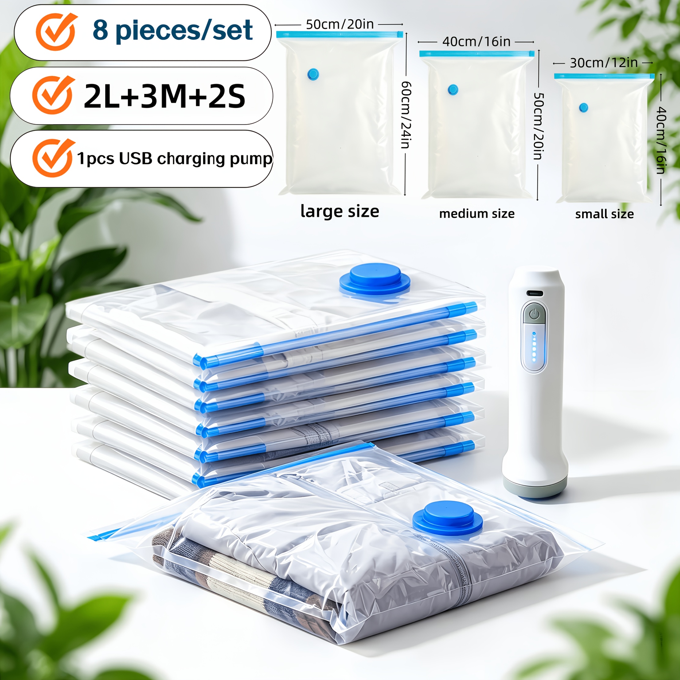 TEMU 8pcs/set Vacuum Storage Compression Bag Set And Rechargeable Handheld Electric Vacuum Pump, Reusable Vacuum Sealing Bags For Clothes, Blankets,