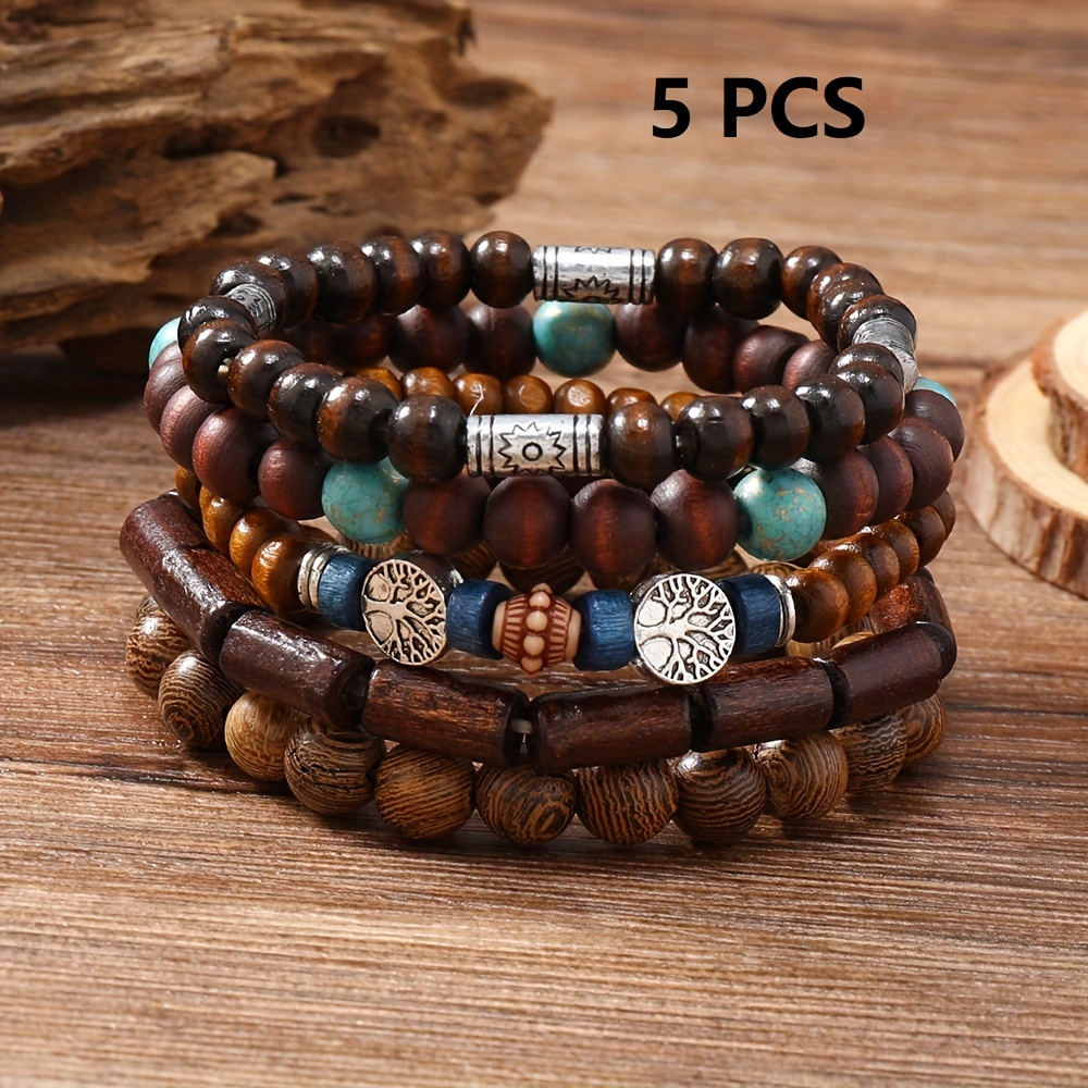 

5pcs/set Vintage Simple Fashion Elastic Handmade Wooden Bead Bracelet For Men, Women, Couples, Mom, Dad, Friends