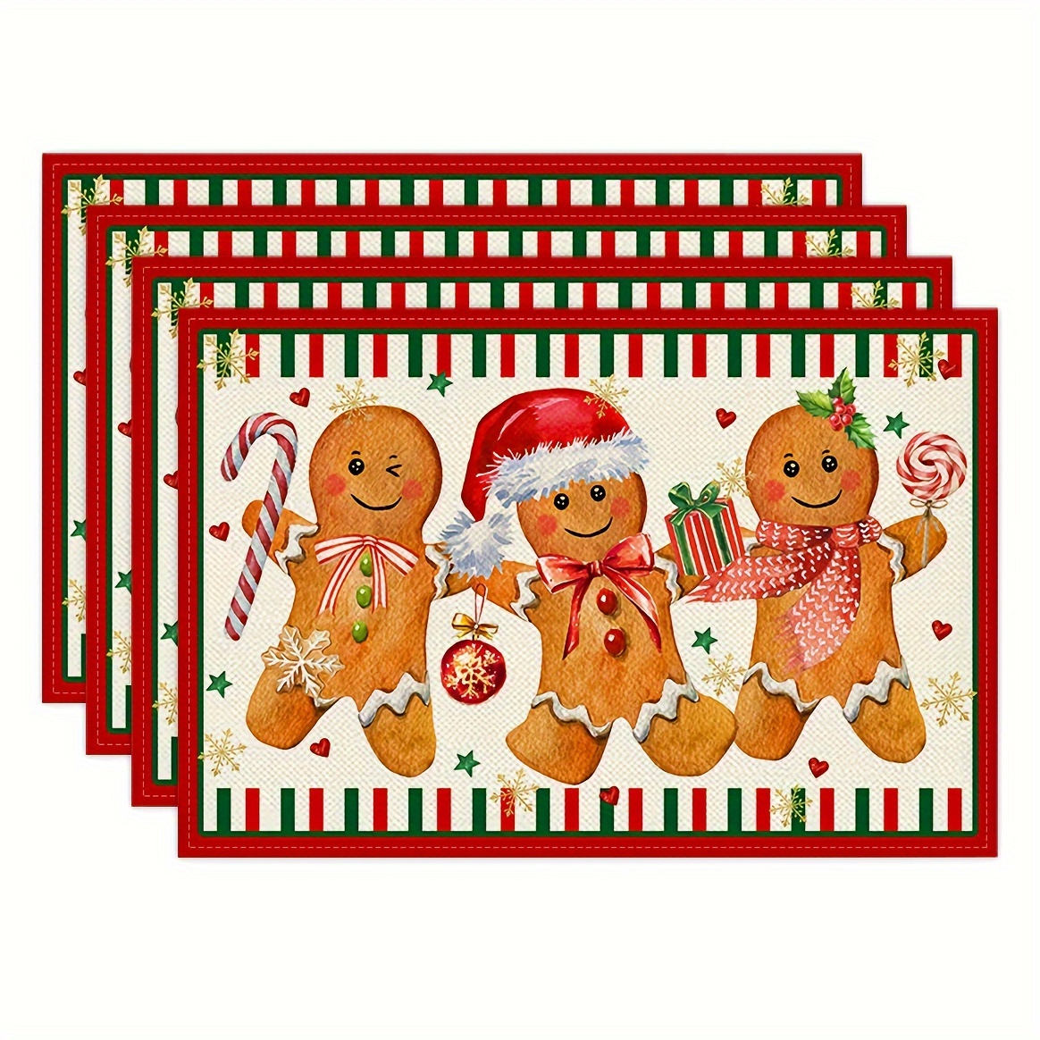 

4pcs, Gingerbread Candy Cane Christmas Placemat 12 X 18 Inches, Seasonal Placemat For Party Kitchen Dining Decorations