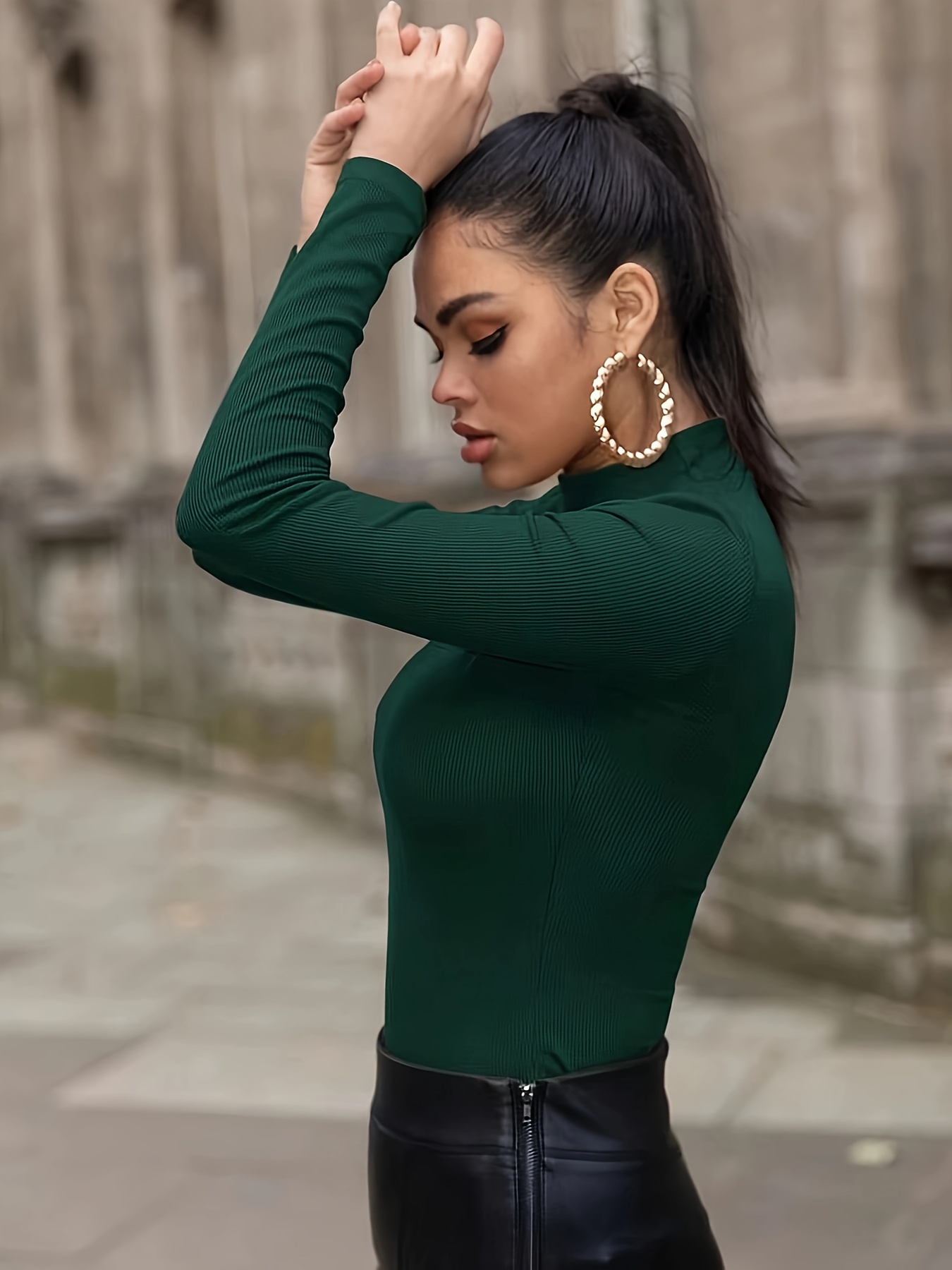 Slim Mock Neck Plain Color T-shirt, Casual Long Sleeve Top For Spring & Fall, Women's Clothing