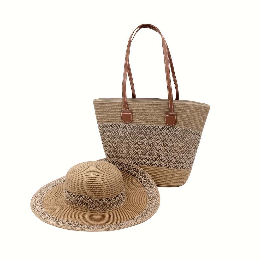 Large Capacity Straw Hat Two-piece Outdoor Travel Tote Bag Seaside Handbag Fashion Trend Large Brim Straw Hat Shows Small Face Sun Visor Outdoor Travel Bag Seaside Vacation Bag
