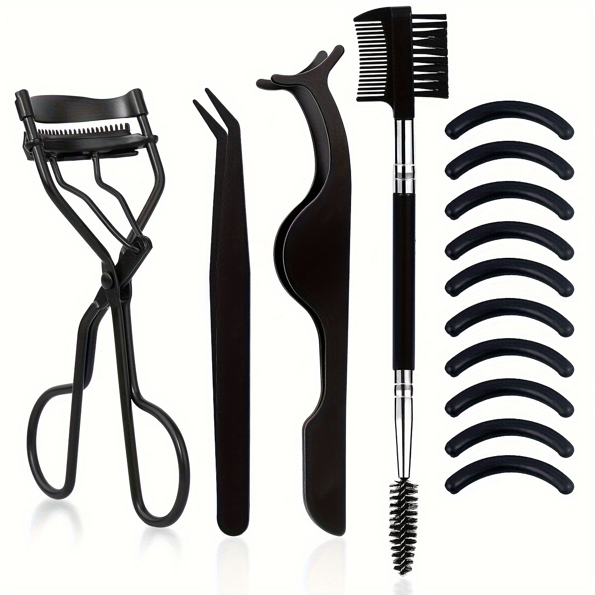 Image of 14pcs, Stainless Steel Eyelash Curler With Comb, Including Double-ended Eyelash Brush, 2 Eyelash Tweezers, 10 Refill Pads, Suitable For Women's Eye Eyelash Set, Stainless Steel Eyelash Curler