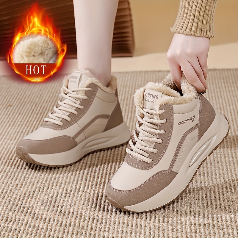 Botas de invierno para mujer, tenis altos con forro polar antideslizantes y cálidos, zapatos casuales gruesos y cómodos, botas cortas con forro de felpa, color sólido, tacón plano, cierre de cordones, suela de TPU, interior y plantilla de tela, estilo deportivo, cómodas para todas las temporadas