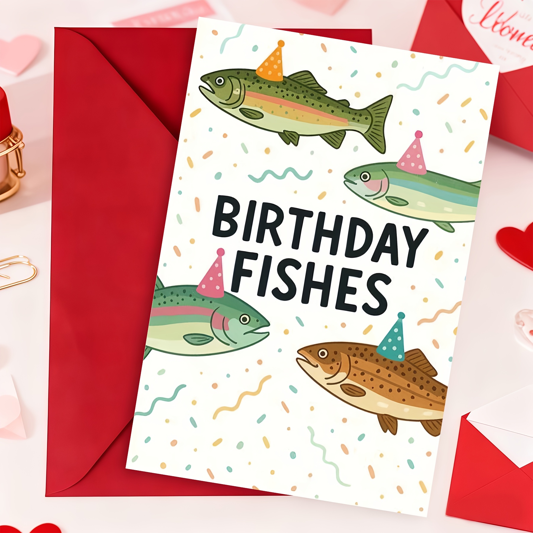 TEMU 1 Set de carte de vœux d'anniversaire drôle avec poissons, carte d'anniversaire avec blague "Poissons d'anniversaire", truite de dessin animé