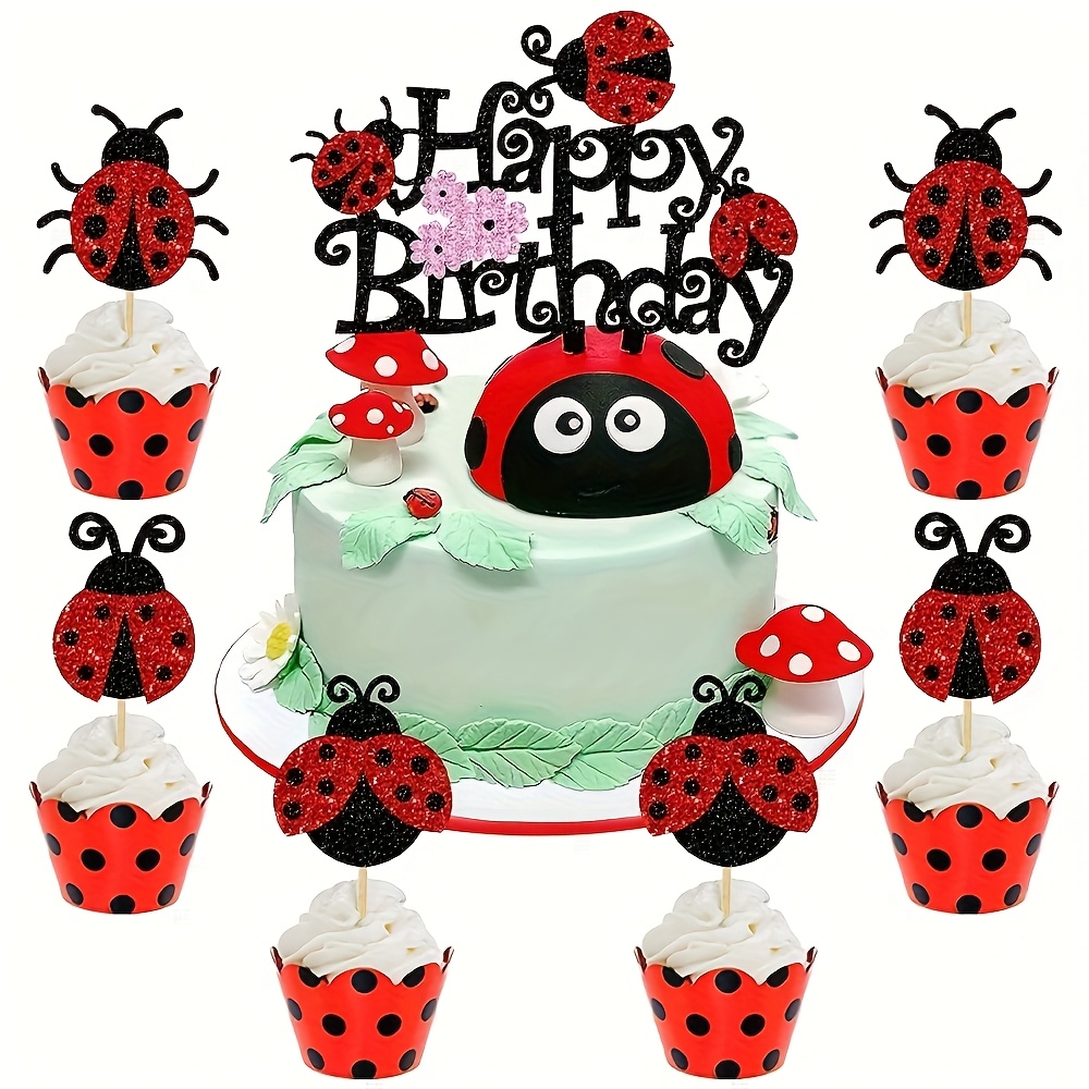 Image of Set Of 13 Ladybug-themed Birthday Cake Decorations, Featuring Black And Red Glitter, Perfect For Cupcakes And Garden-themed Parties