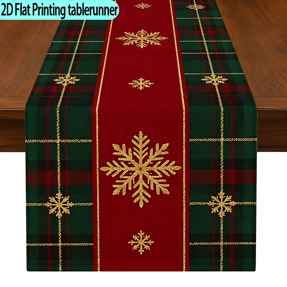 TEMU de mesa navideño festivo 2D, cuadriculado verde con rayas y estampado de dorados, mantel decorativo, ideal para comedor navideño, cocina y
