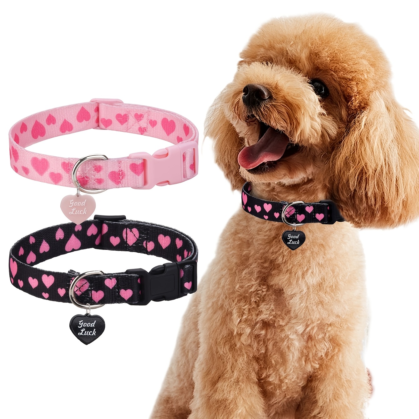 

Adjustable "good Luck" Heart Print Pet Collar For - Polyester, Machine Washable With - Options